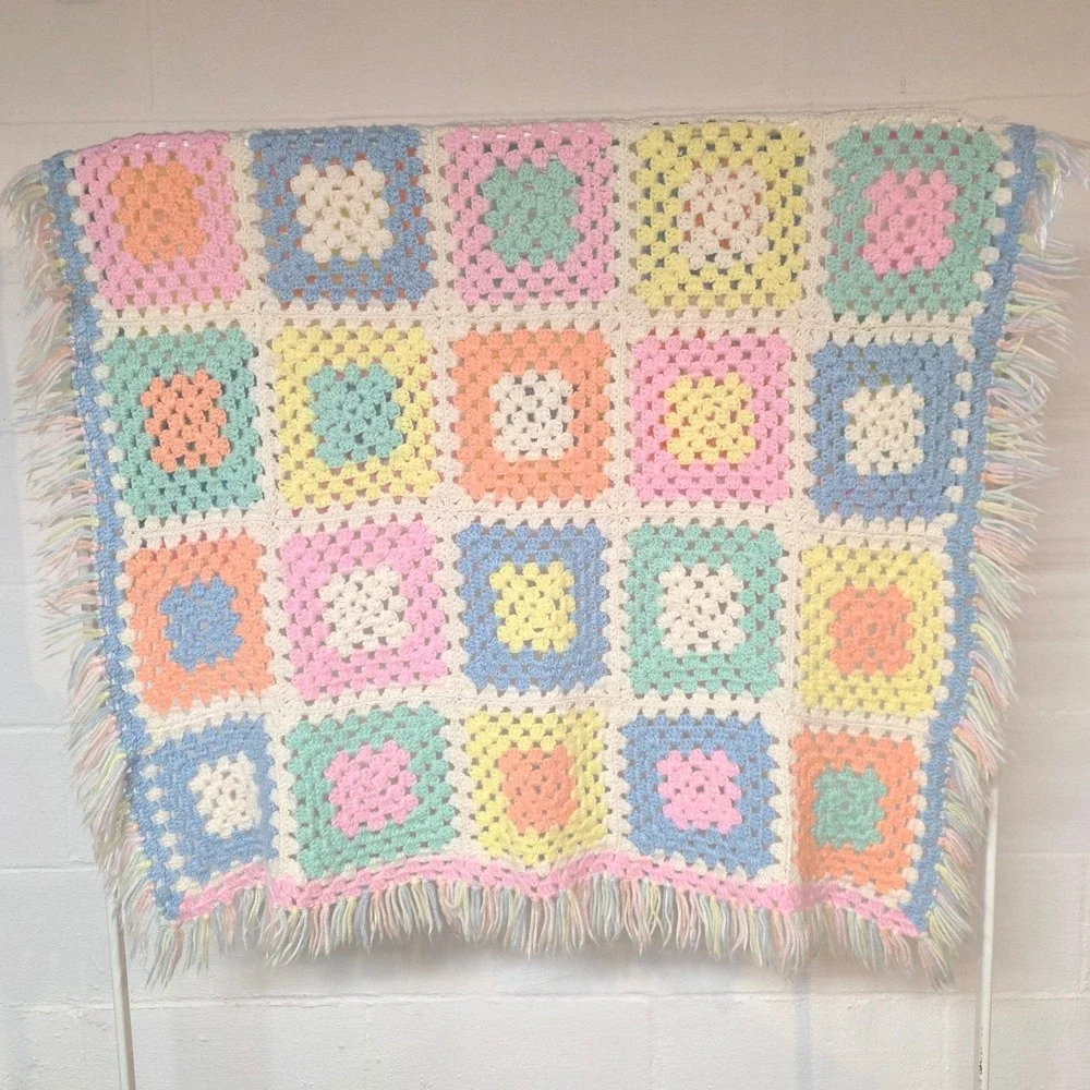 Handmade Bright Multi Color Crochet Granny Square Baby‎ Blanket Fringed Afghan